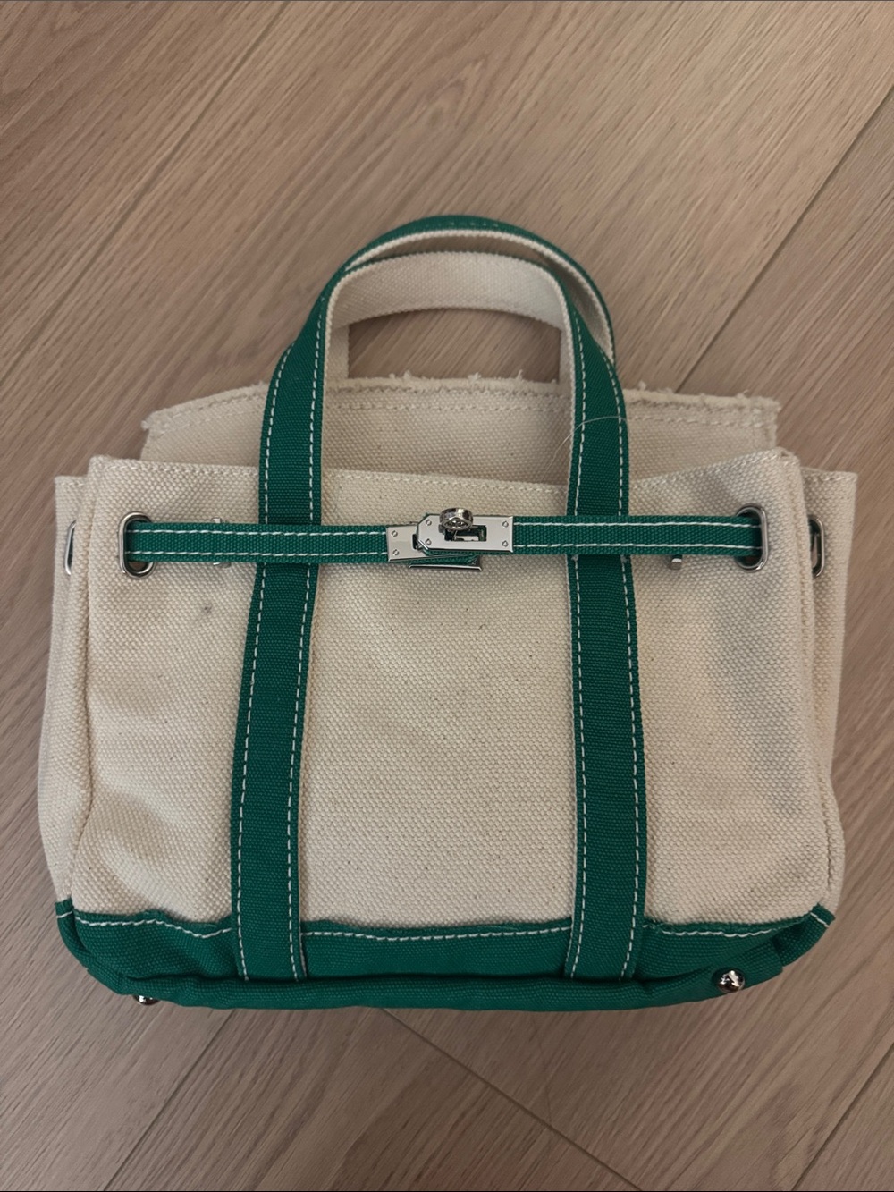 Canvas Mini “Boatkin” Tote Bag in Cream with Green Trim